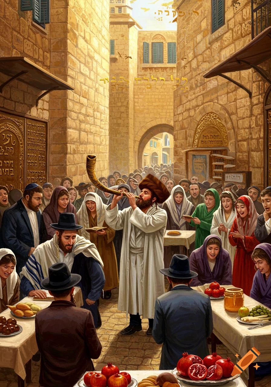 A detailed painting of a crowd celebrating Rosh Hashanah on a bustling street, with a man blowing a shofar and people sharing food.