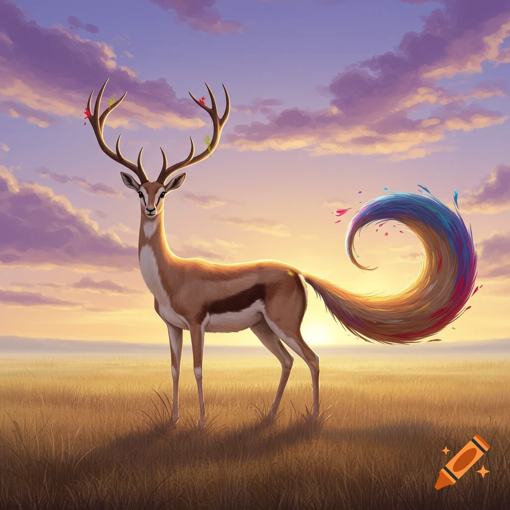 A fantastical gazelle-like creature with antlers and a colorful swirling paintbrush tail stands in a field at sunset.