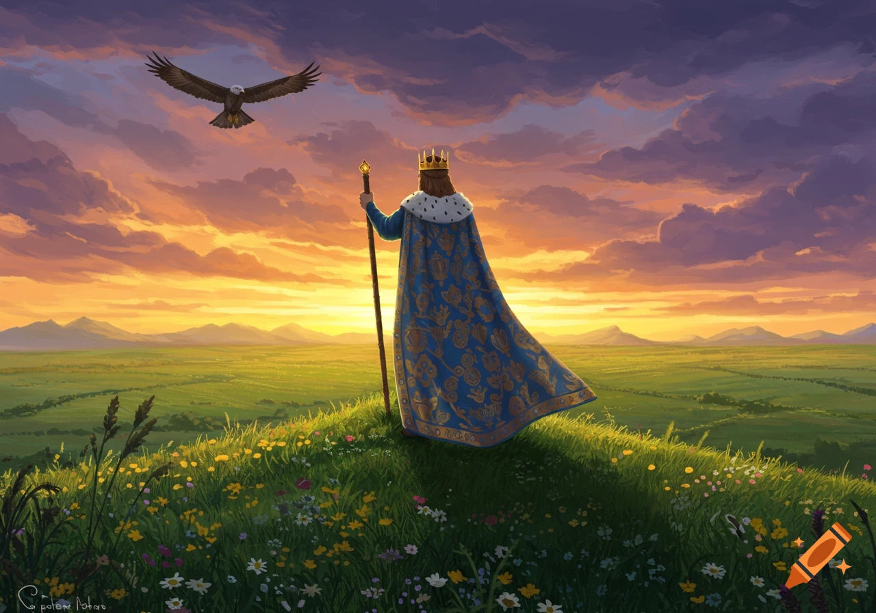 King in blue cape and crown stands on a wildflower hill, watching an eagle fly over a sunset landscape. Digital painting.