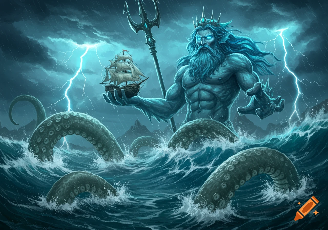 A fantasy illustration of a muscular Neptune holding a sailing ship as a kraken emerges from a stormy sea with lightning.