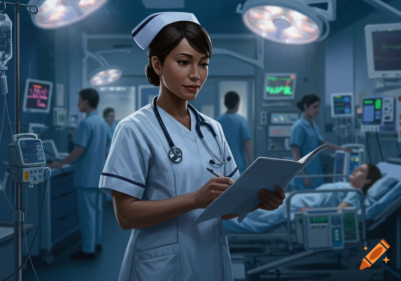 A detailed illustration of a female nurse in scrubs and a cap writing on a clipboard in a busy hospital ICU ward.