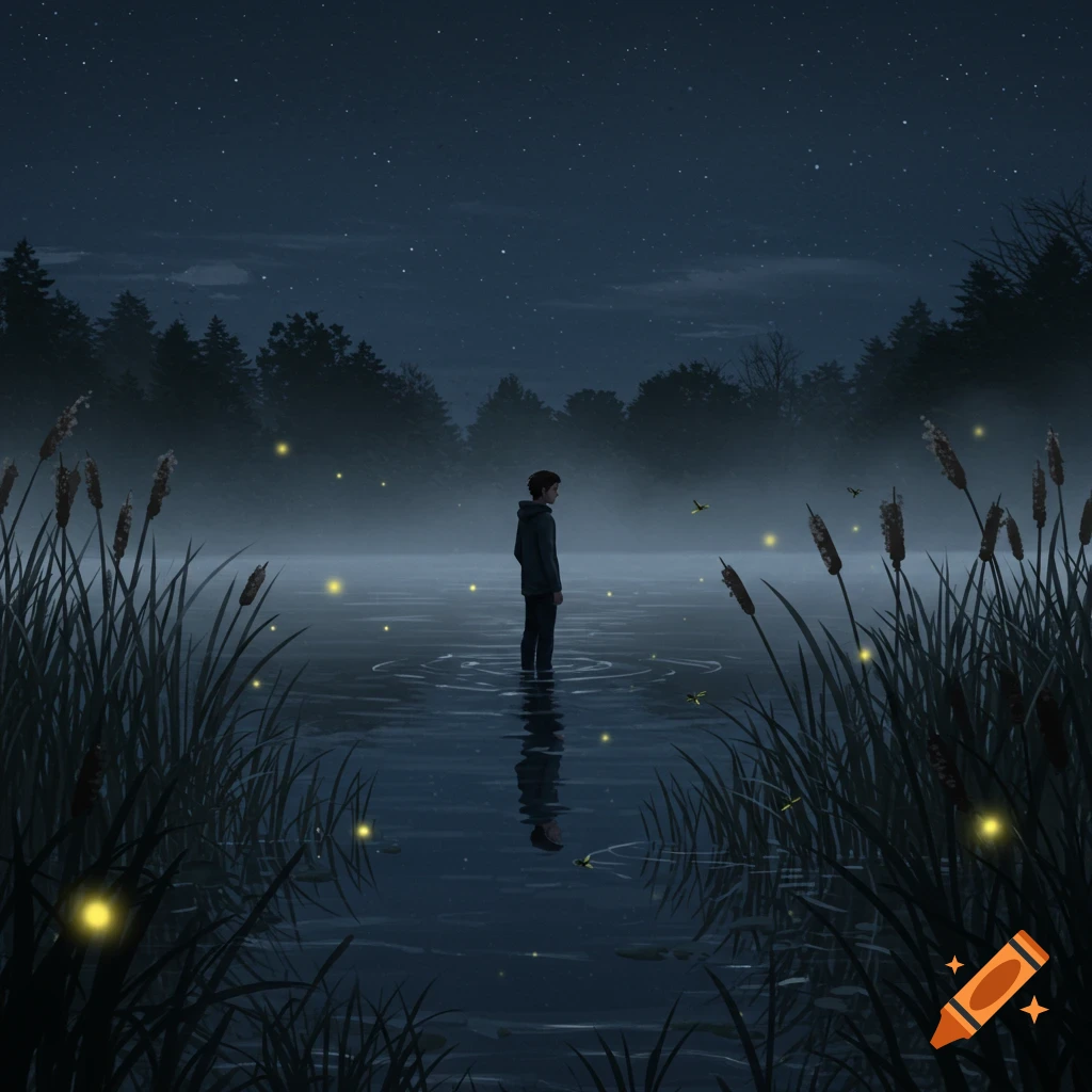A lone person stands in a misty lake at night, surrounded by tall reeds and glowing fireflies under a starry sky.