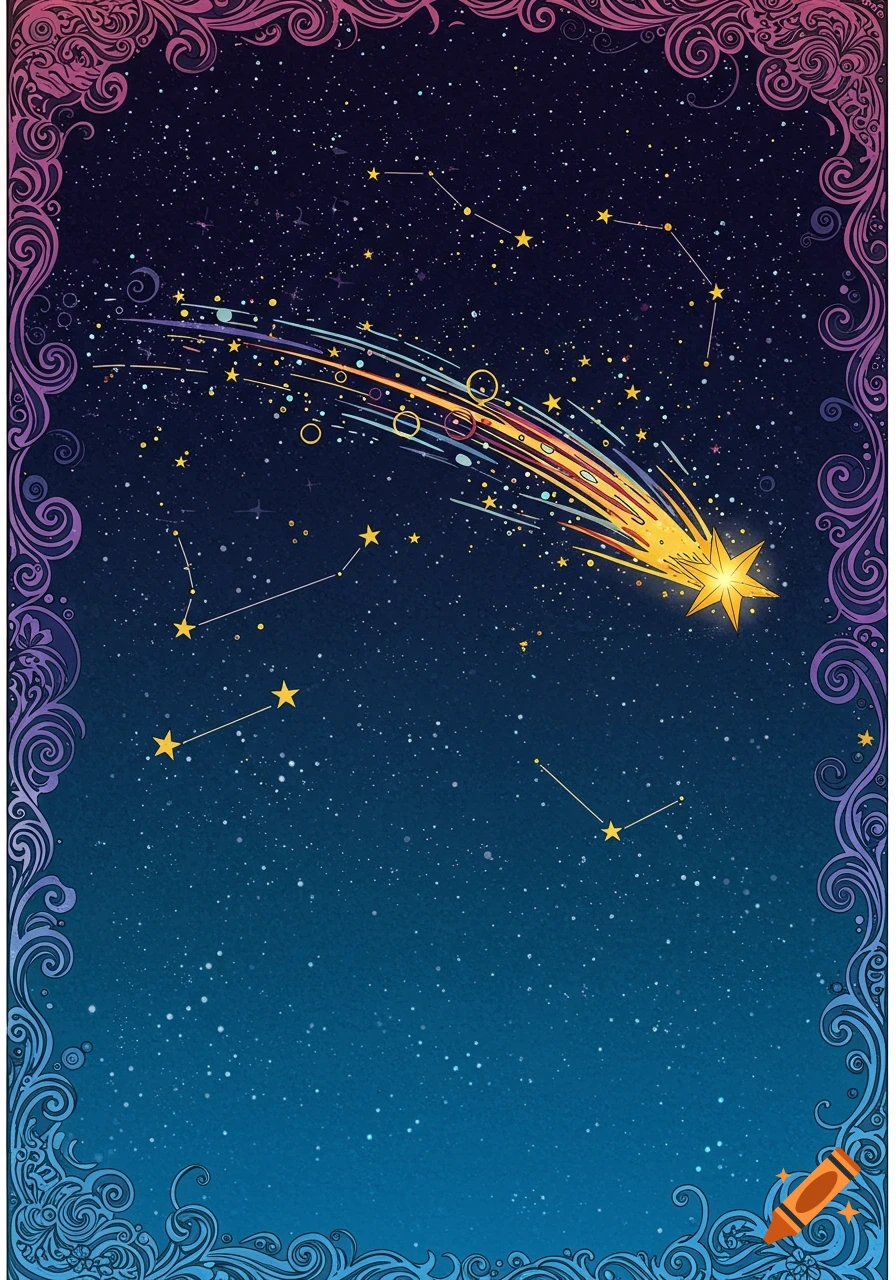 An illustration of a vibrant night sky with constellations, a yellow shooting star, framed by ornate purple and blue borders.