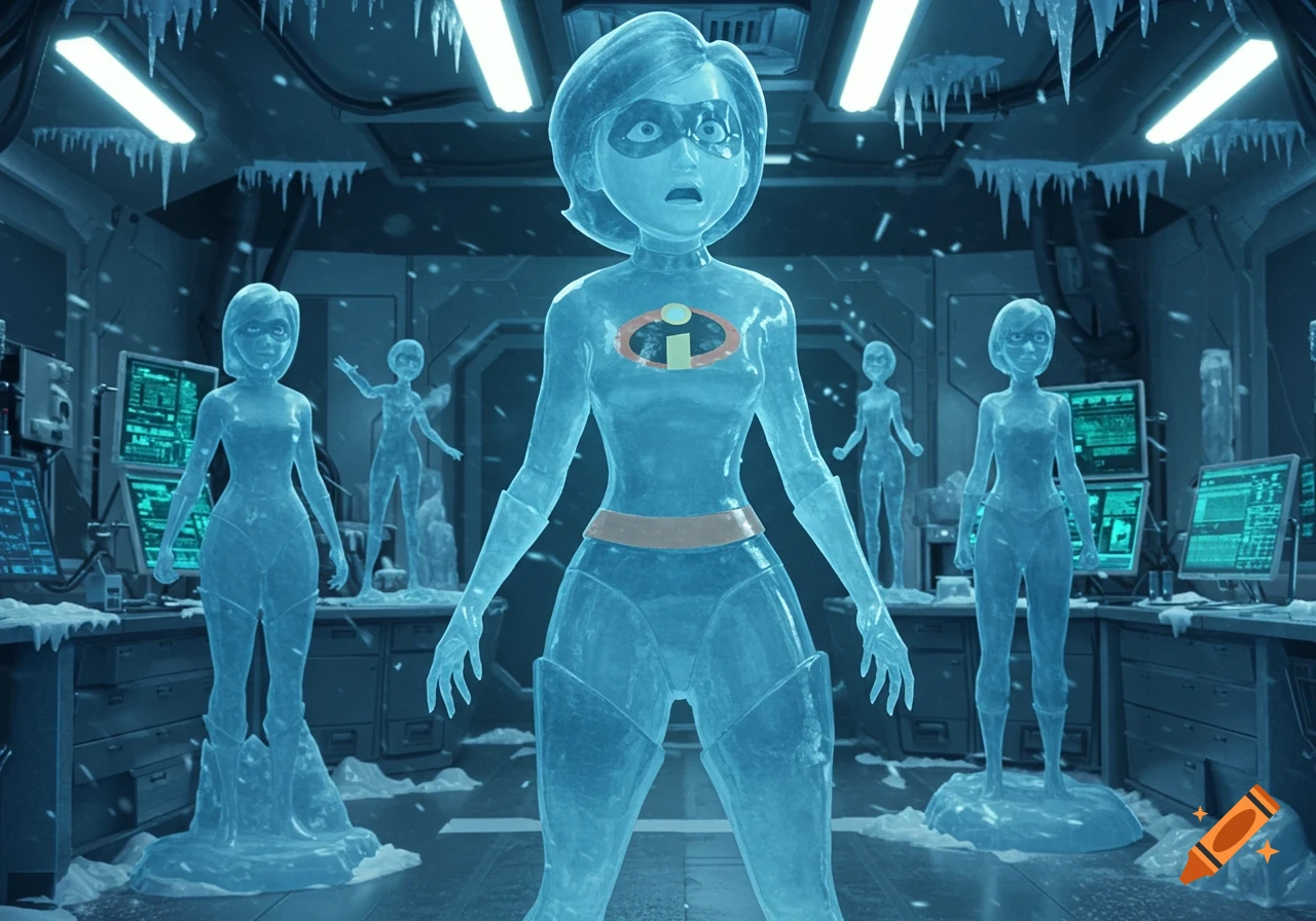 Animated Elastigirl as a surprised ice statue in a frozen laboratory, with other superheroine ice statues.