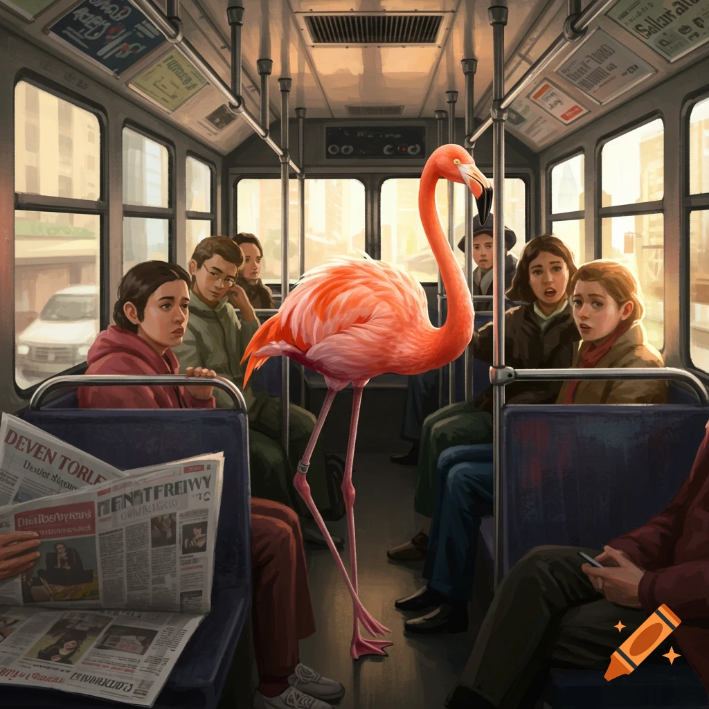 A large pink flamingo stands on a bus, holding a pole, as passengers react with surprise. Painterly style.