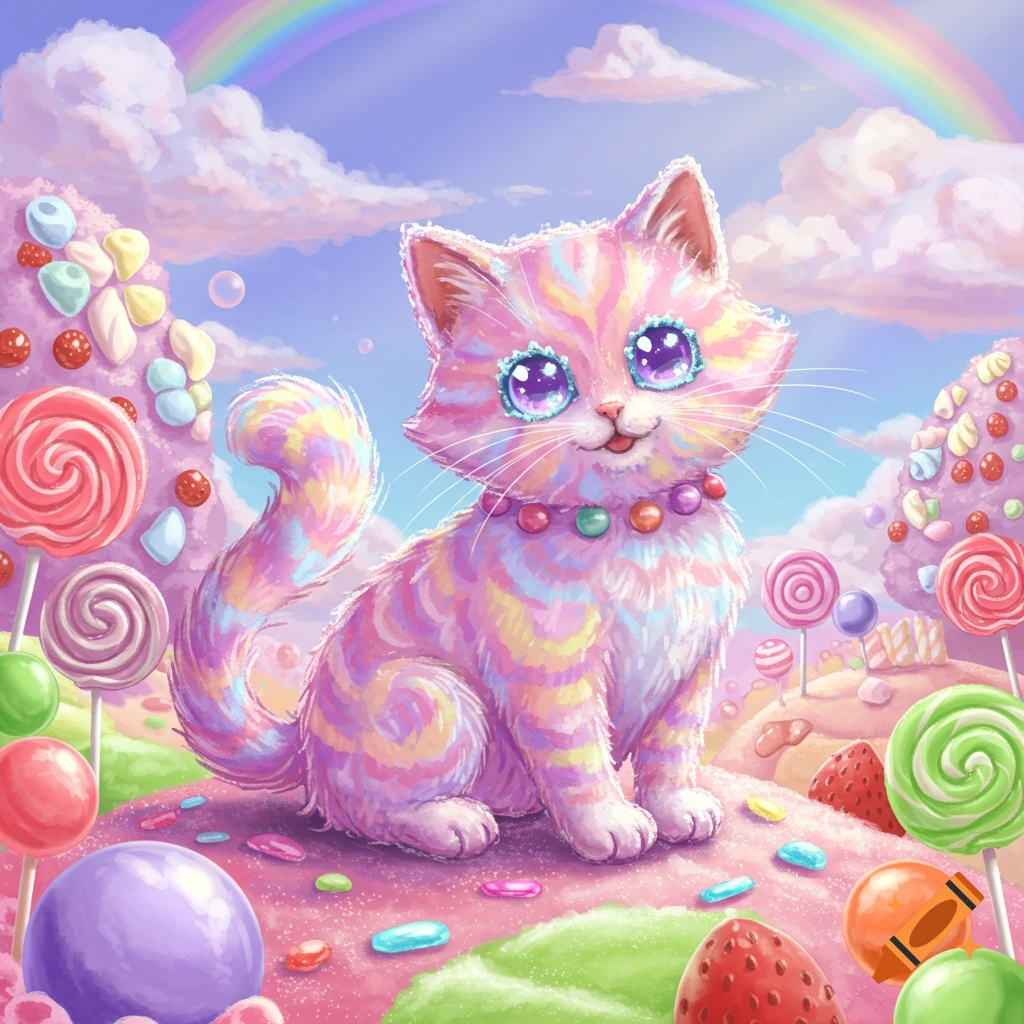 A cute, rainbow-striped cat with sparkling eyes sits in a vibrant candy land surrounded by lollipops and sweets under a rainbow sky.