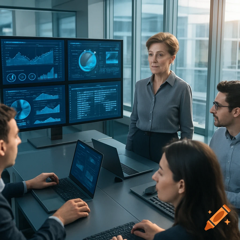 An older female executive observes data analysis on monitors during a meeting with younger employees in a modern office.