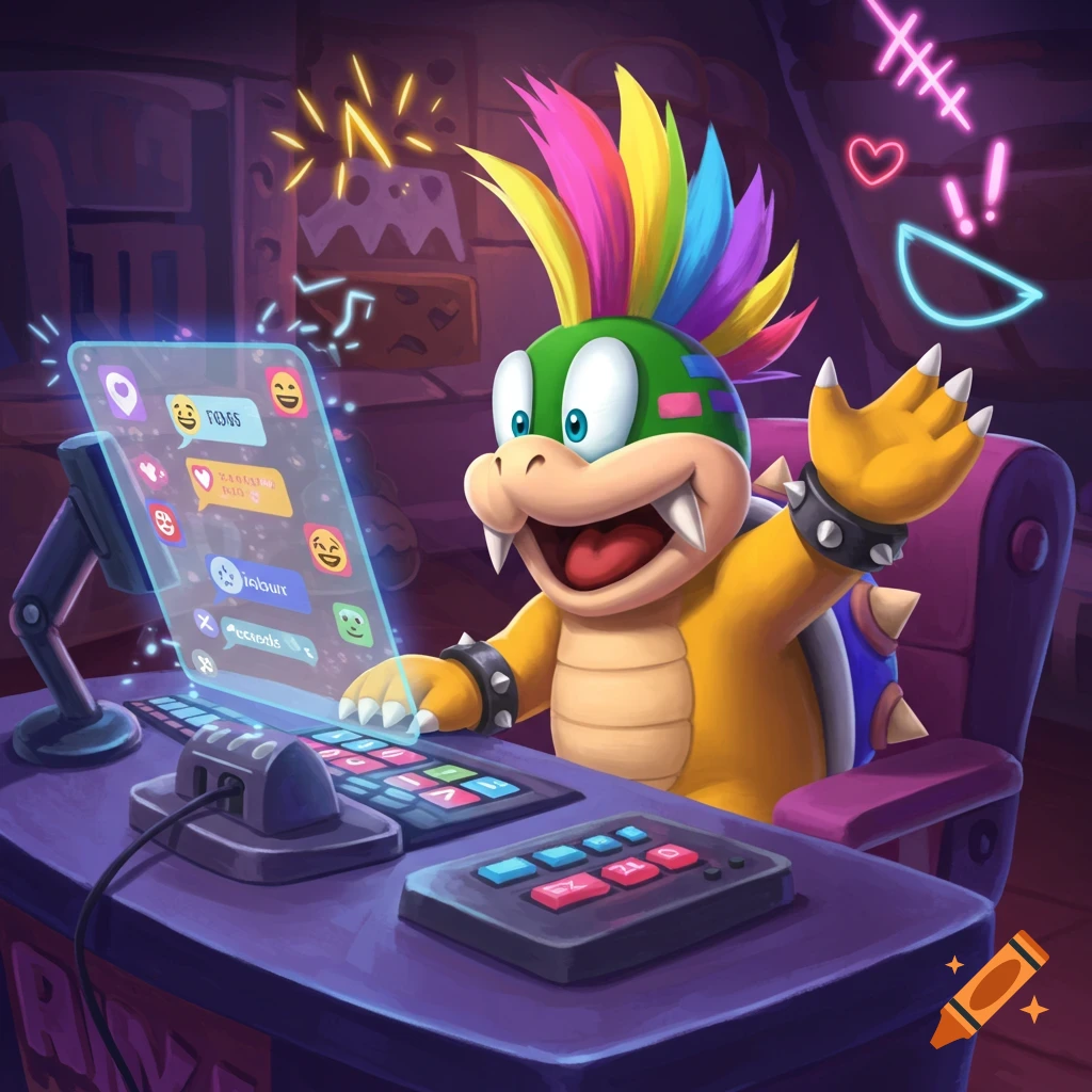Lemmy Koopa from Mario, with rainbow spiky hair, sits in a chair at a desk with keyboards, cheerfully looking at a holographic screen displaying gibberish text and emojis. Neon symbols glow in the purple background.