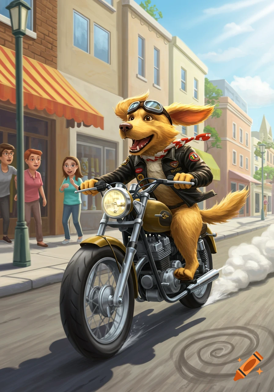 A happy cartoon golden retriever dog in goggles and a leather jacket rides a gold motorcycle on a city street.