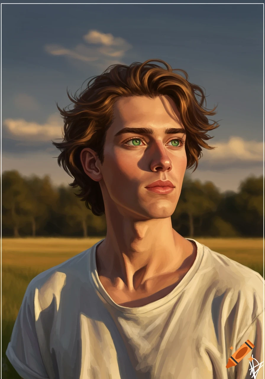 A digital painting of a young white man with green eyes and brown hair, wearing a white shirt, looking contemplatively at sunset in a field.