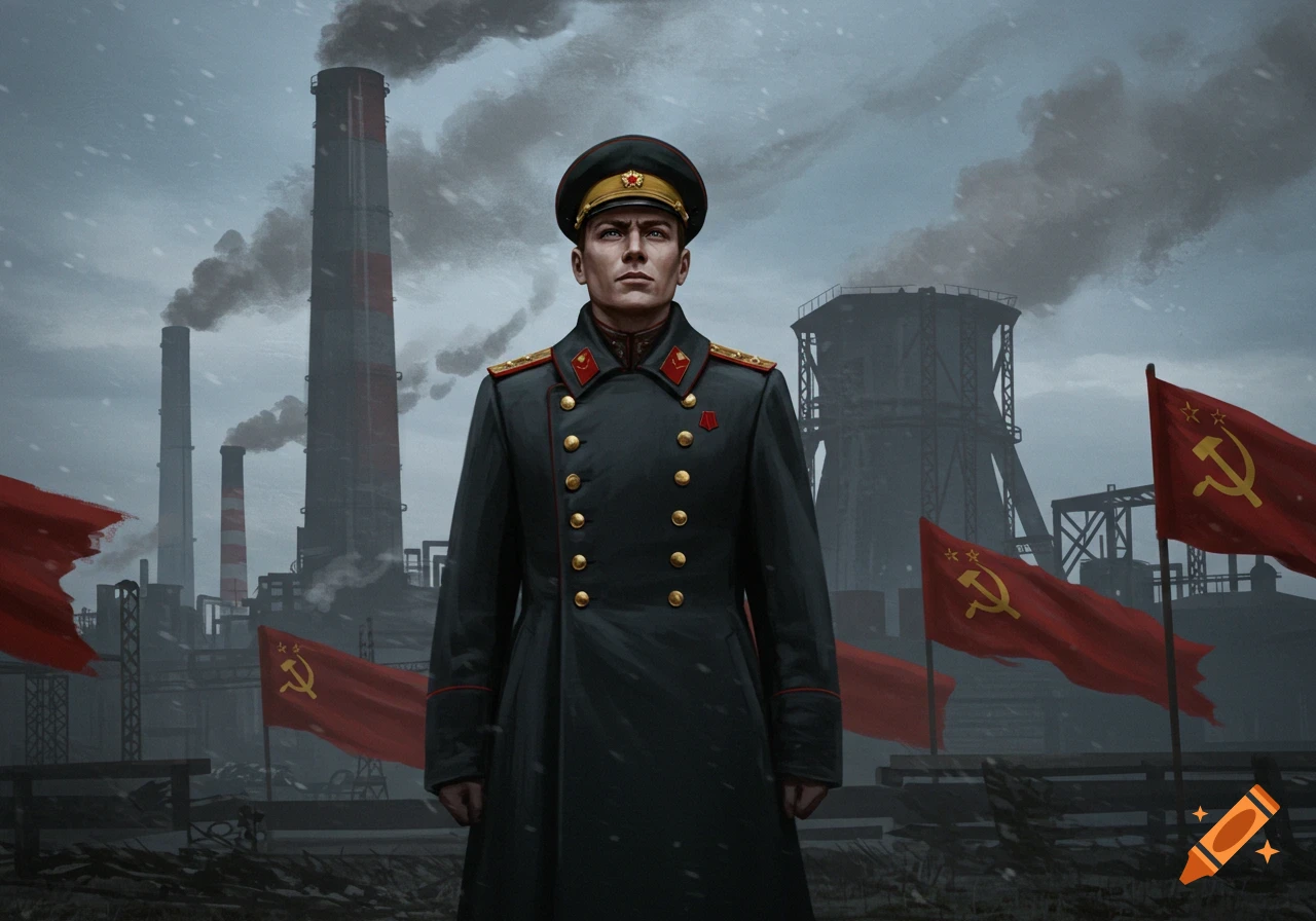 A stern Soviet-era officer in uniform stands before a snowy industrial backdrop with red flags.