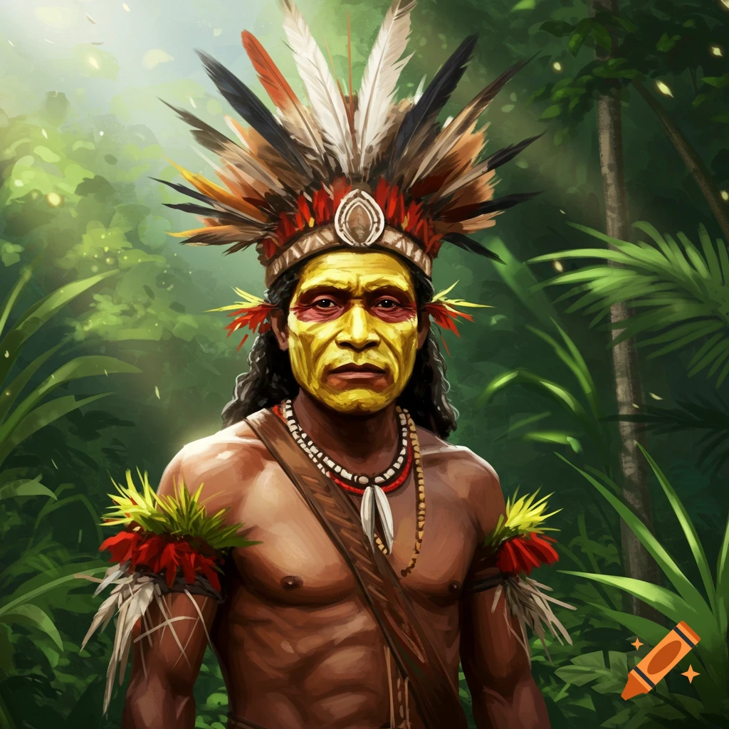 Portrait of a man with yellow face paint, a large feathered headdress, and tribal accessories, in a lush green jungle.