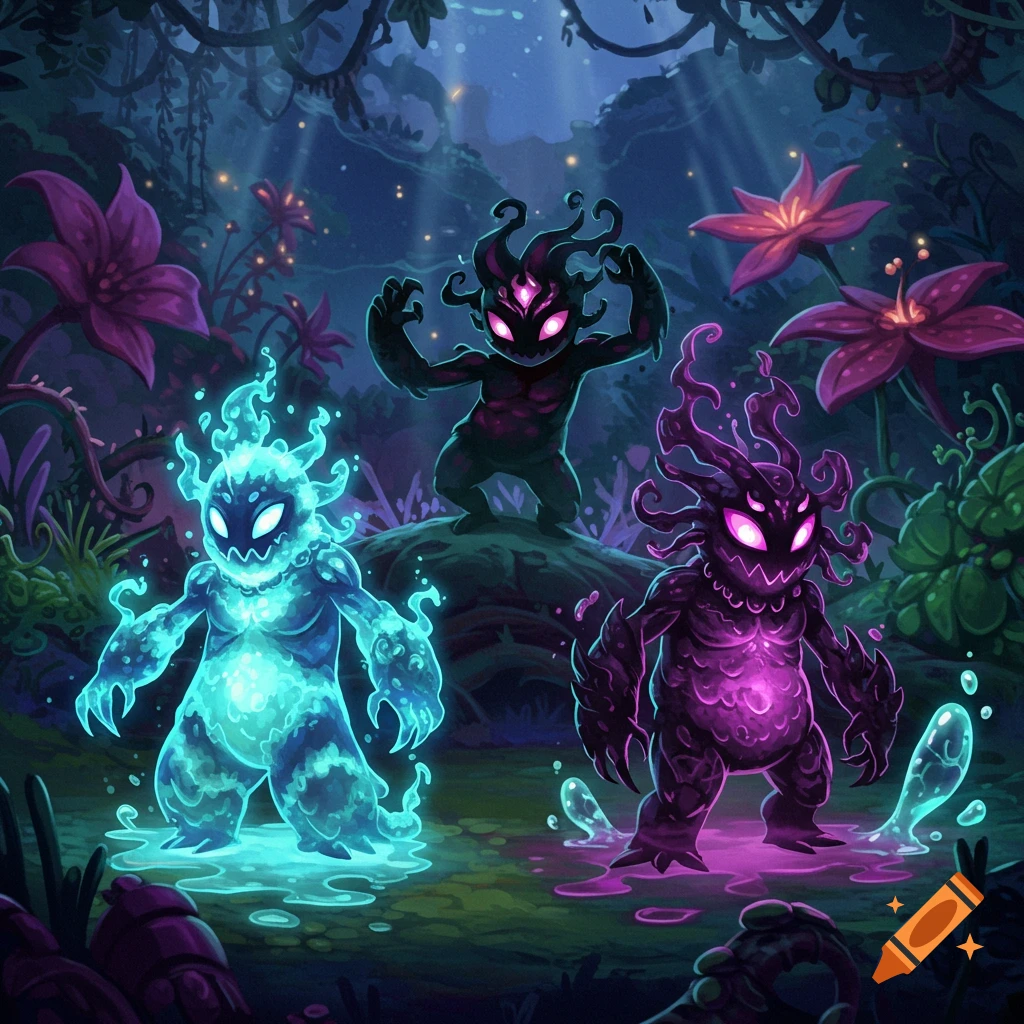 Three glowing elemental monsters in a dark, mystical fantasy forest with luminous plants, digital art style.
