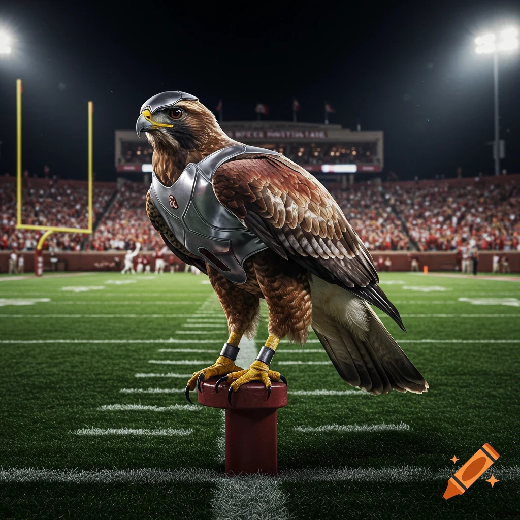 Photorealistic hawk in silver armor and helmet stands on a football field at night, stadium lights shining.