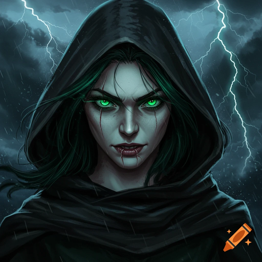 A dark fantasy witch with glowing green eyes, scars, and blood around her mouth, wearing a black hooded cloak during a stormy night with lightning.