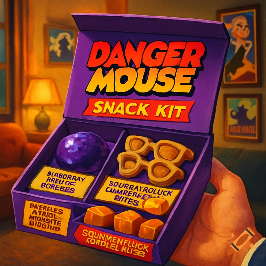 A hand holds an open purple Danger Mouse snack kit with a purple sphere, glasses-shaped biscuits, and caramel bites inside, in a living room.