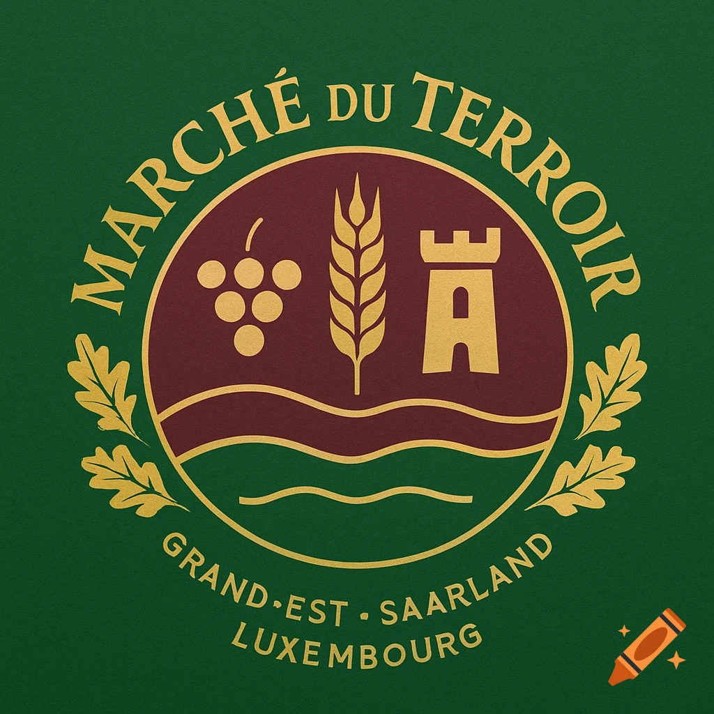 A gold and maroon logo on a dark green background. A central circle contains grapes, wheat, a castle, and wavy lines. Oak leaves frame the circle. Text reads "MARCHÉ DU TERROIR" and "GRAND-EST  SAARLAND LUXEMBOURG".
