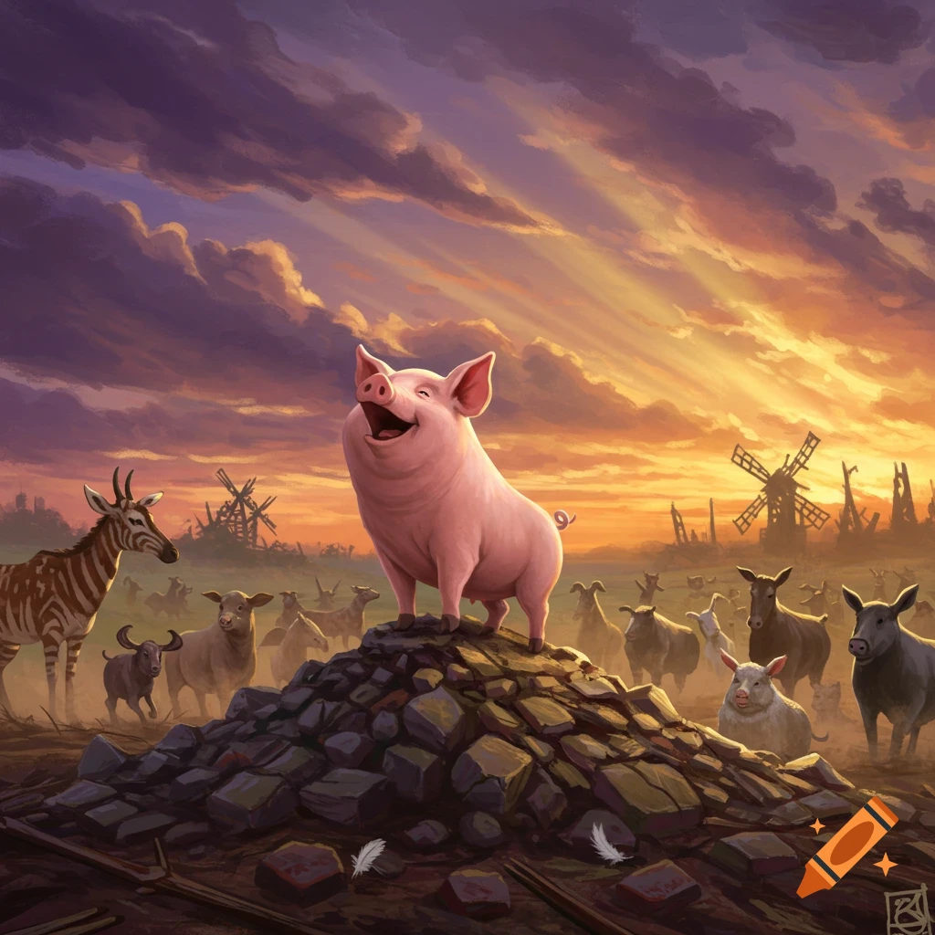 A cheerful pig stands on rocks, mouth open in laughter, surrounded by a zebra, sheep, and broken windmills at sunset in a painterly field.