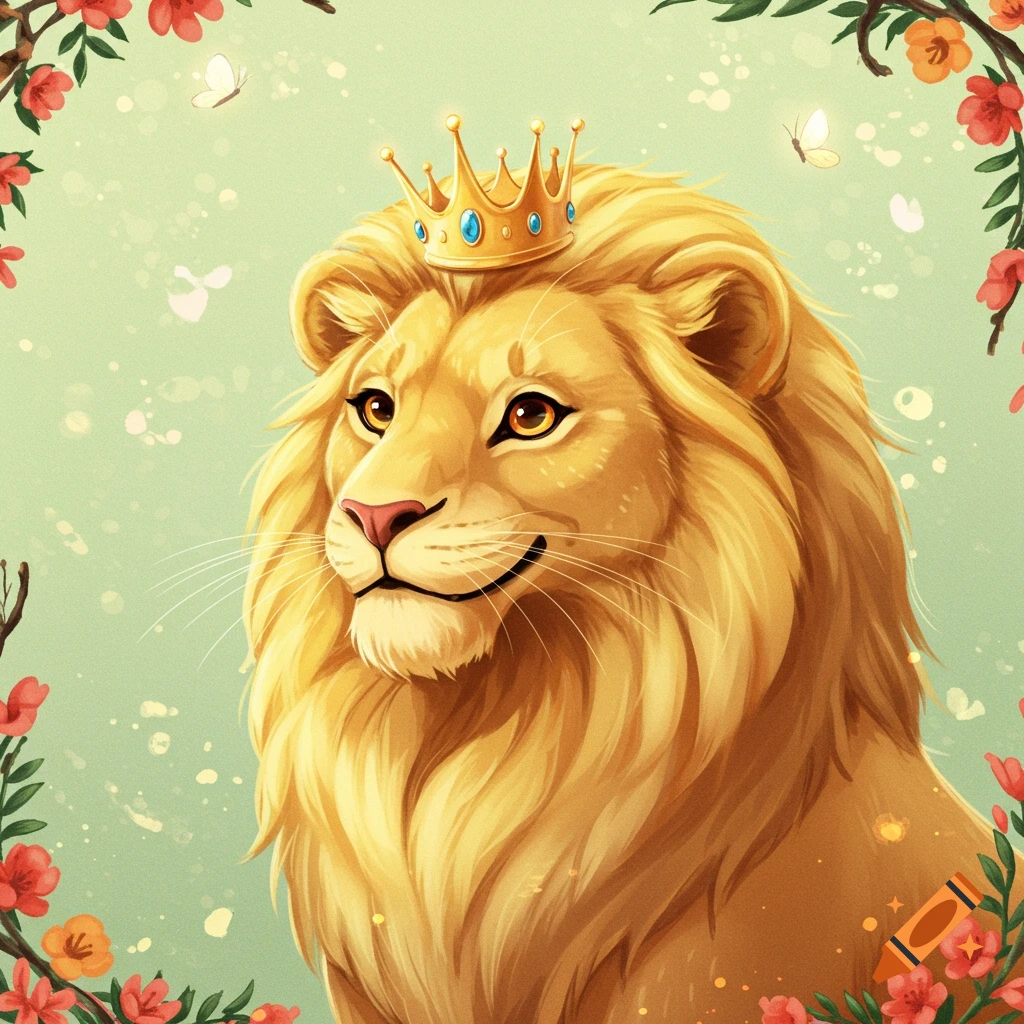 A cute, stylized golden lion wearing a golden crown, surrounded by red and orange flowers on a light green background. Illustration.