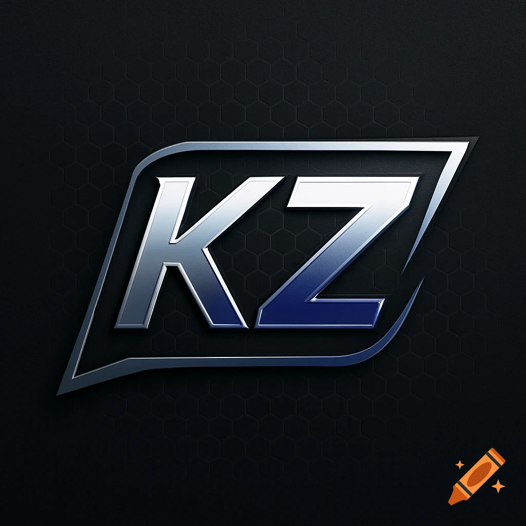 Metallic blue and silver logo with letters KZ on a dark hexagonal pattern background.