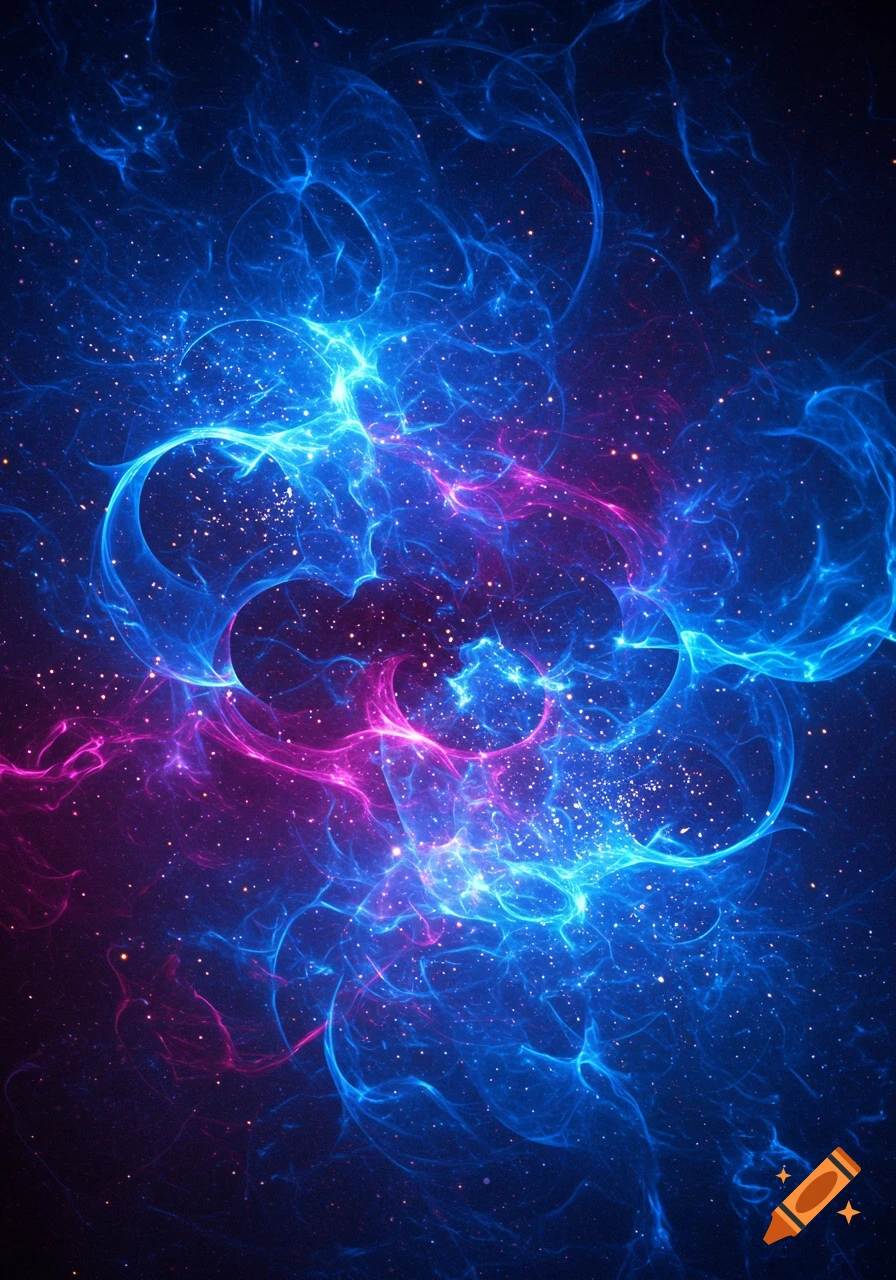 Swirling blue and magenta glowing nebulae with scattered stars on a dark background.