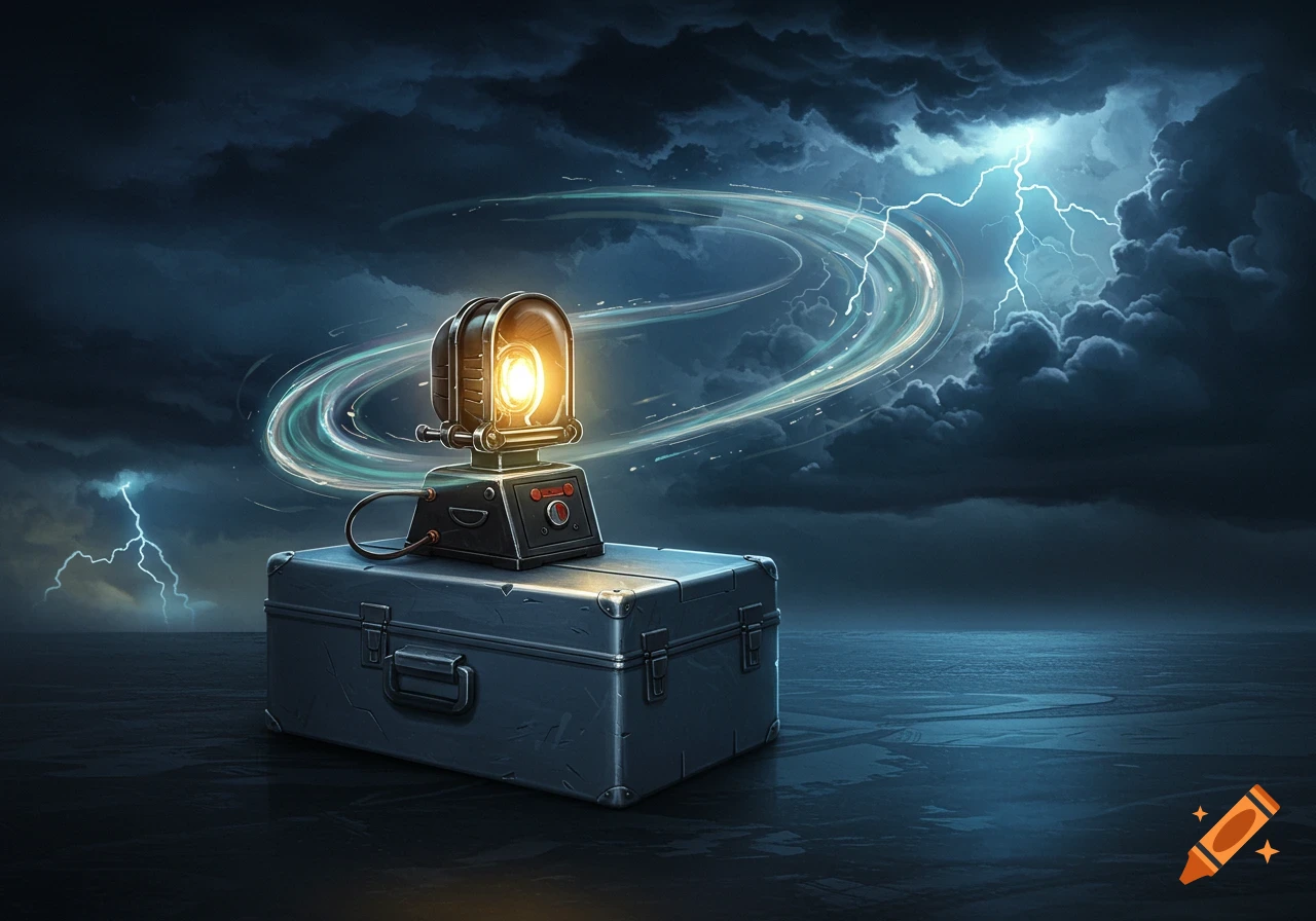 A retro-futuristic device on a metal case under a stormy sky with lightning and swirling energy.