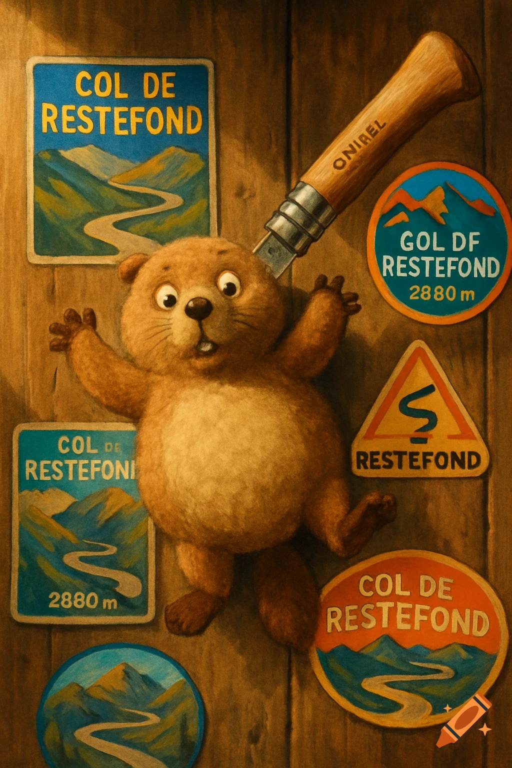 A cartoonish plush marmot pinned by an Opinel knife to a wooden wall, surrounded by mountain pass stickers.