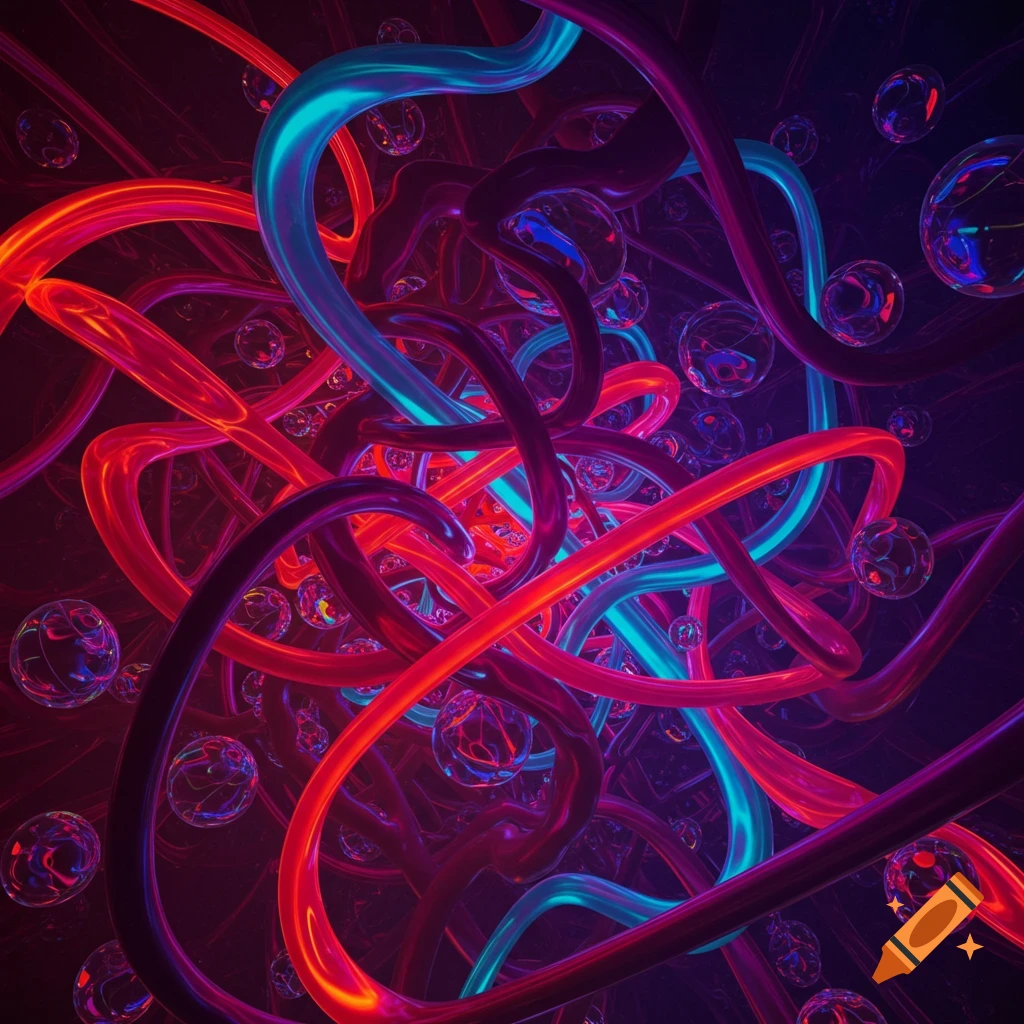 A vibrant abstract composition of intertwined glowing red and blue tubes with reflective bubbles on a dark background.