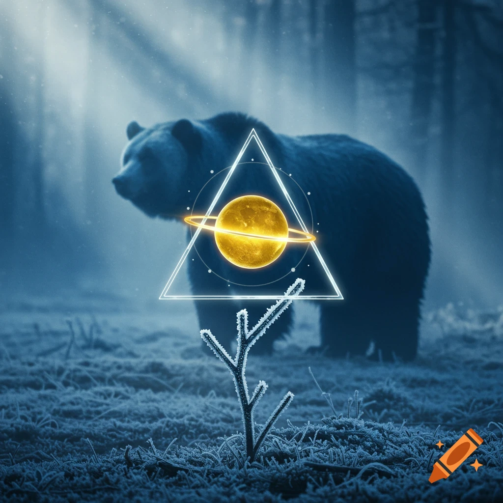 A mystical dark blue bear stands in a frosty forest with a glowing geometric triangle and planet.