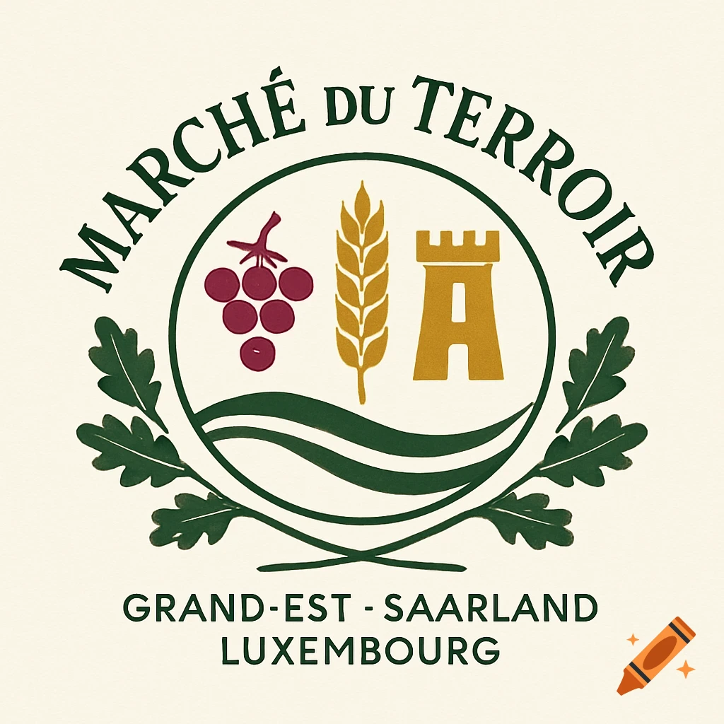 A circular logo with the text "MARCHÉ DU TERROIR" in an arc above. Inside the circle are illustrations of grapes, a wheat stalk, and a castle tower, above two green wavy lines. Below the circle is "GRAND-EST - SAARLAND" and "LUXEMBOURG".