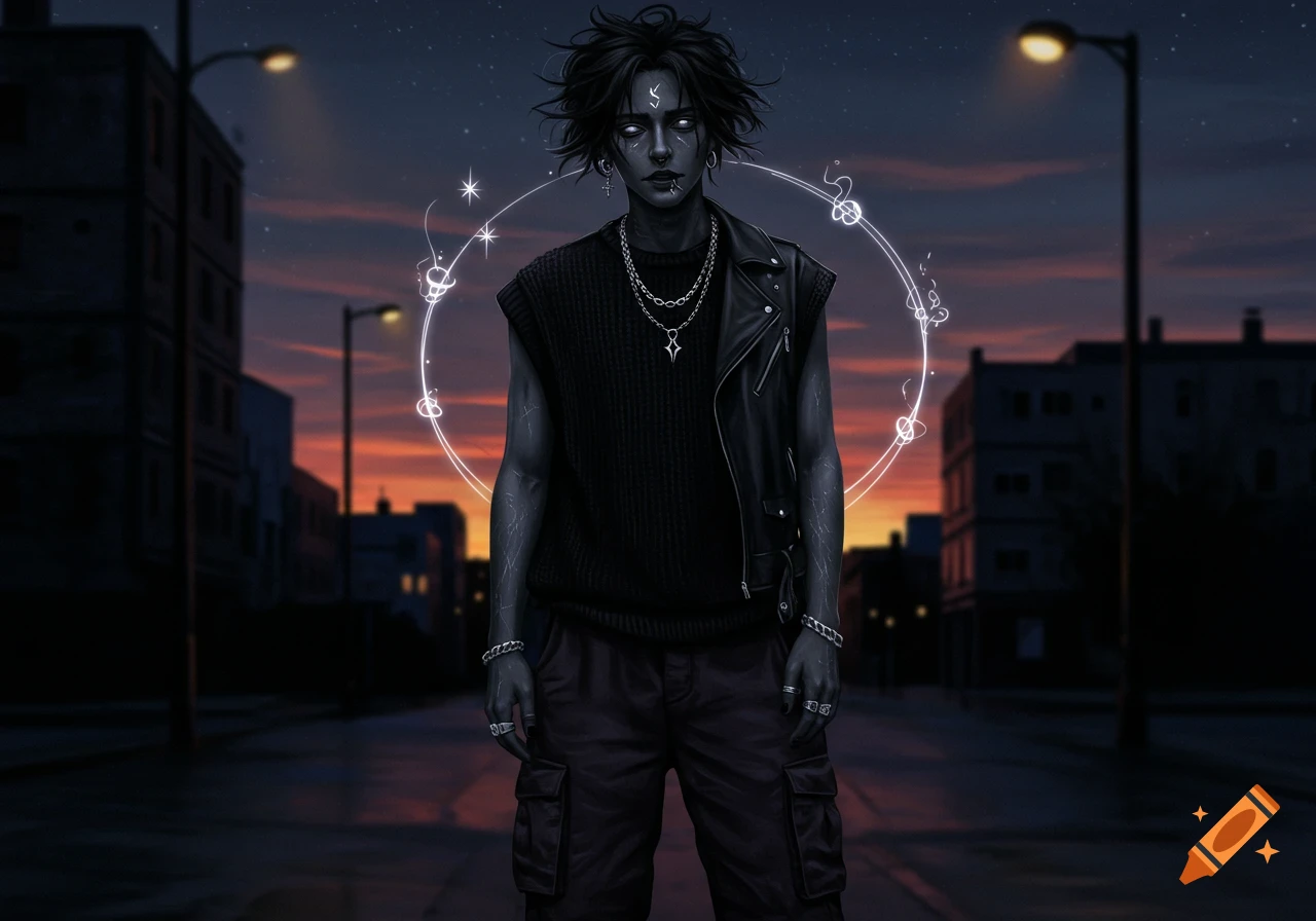 A dark-skinned man with messy black hair, glowing white eyes, and scars, wearing a black sweater and leather vest, standing on an urban street at dusk with white magical energy swirling around him.