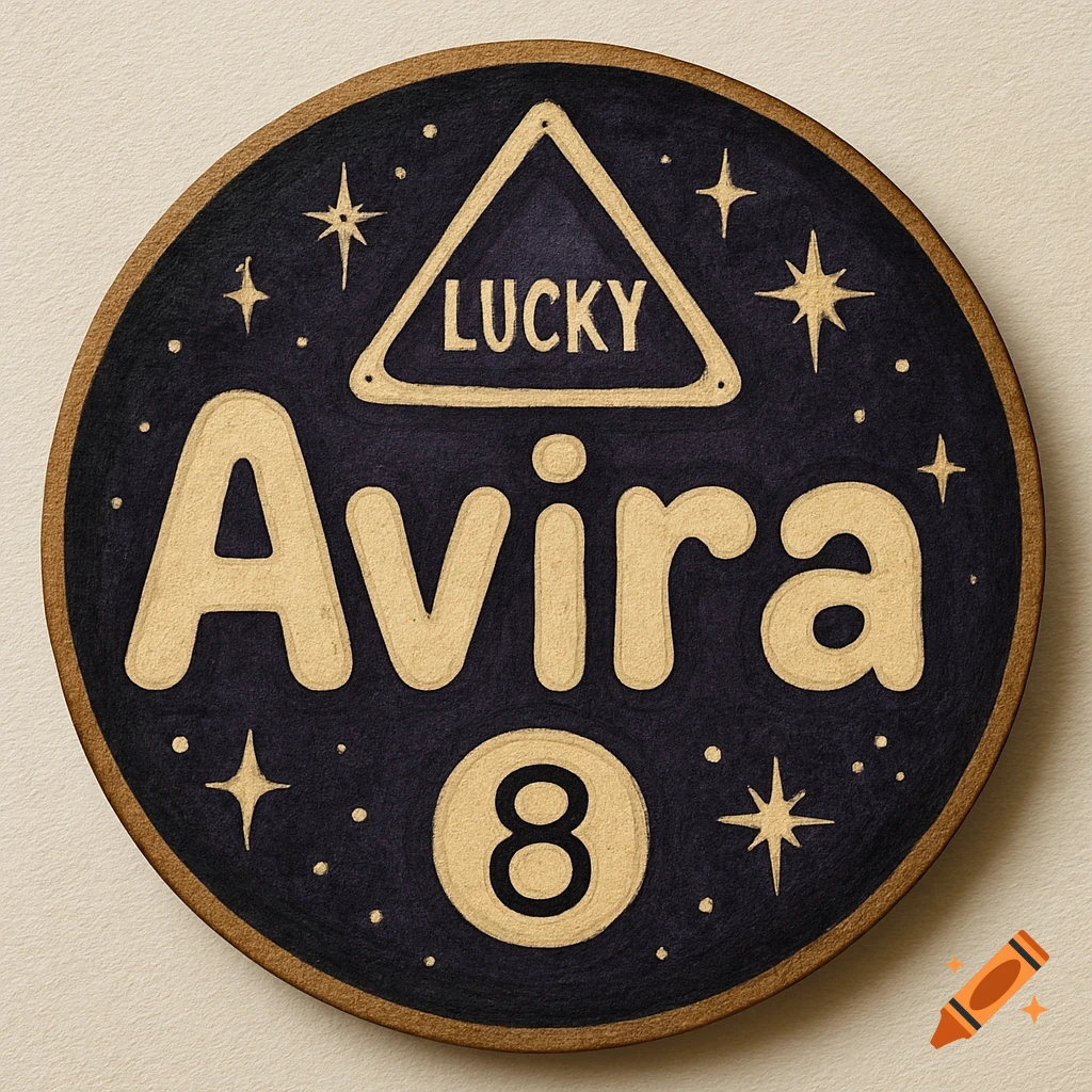 A circular dark blue wooden nameplate with gold text 'Avira', 'LUCKY', and '8', surrounded by stars and dots.
