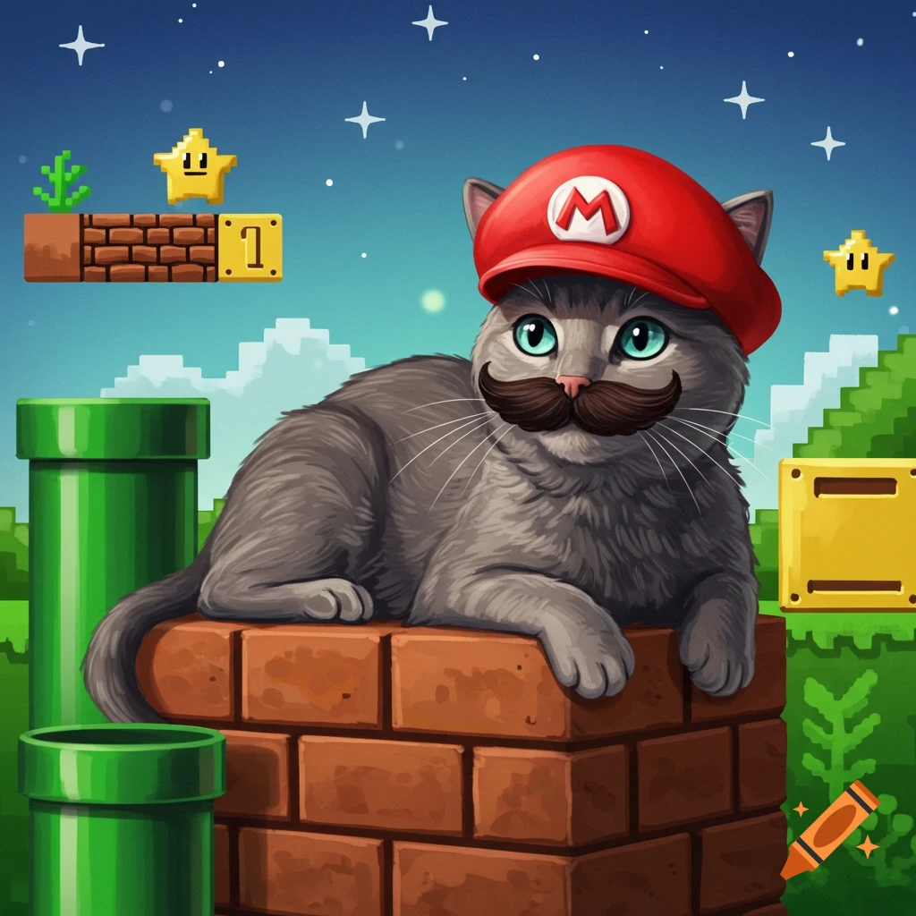 A gray cat in a red Mario hat and mustache sits on brick blocks in a Super Mario Bros. pixel art scene with pipes and stars.