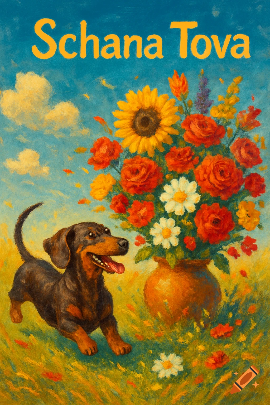 Happy dachshund in a field by a vase of sunflowers and roses under a blue sky with 'Schana Tova' text, painted style.
