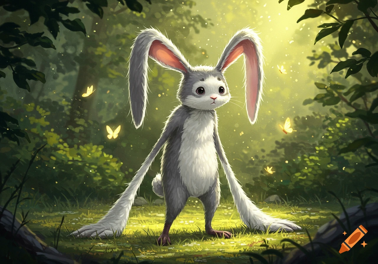 A gray and white bipedal bunny with extra long ears and arms dragging the ground stands in an enchanted, sunlit forest with glowing butterflies.