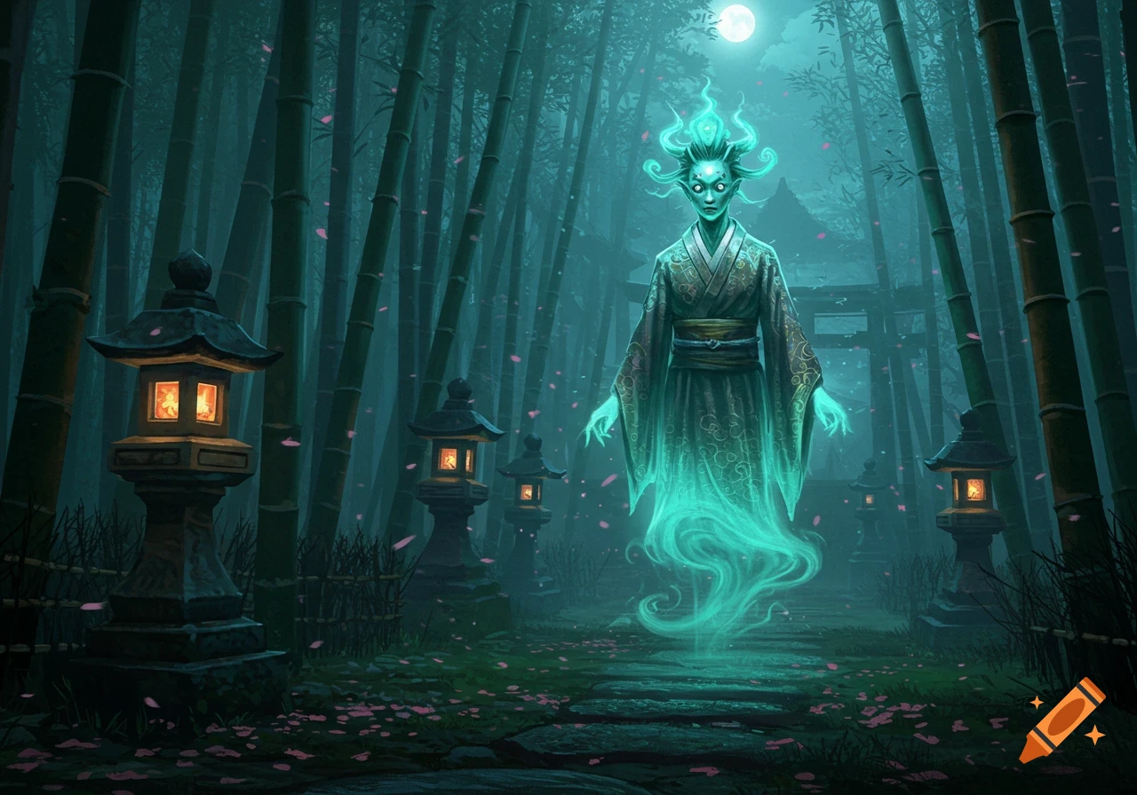 A glowing blue-green ghostly Yokai in a bamboo forest at night, surrounded by traditional Japanese lanterns, with a torii gate in the background.