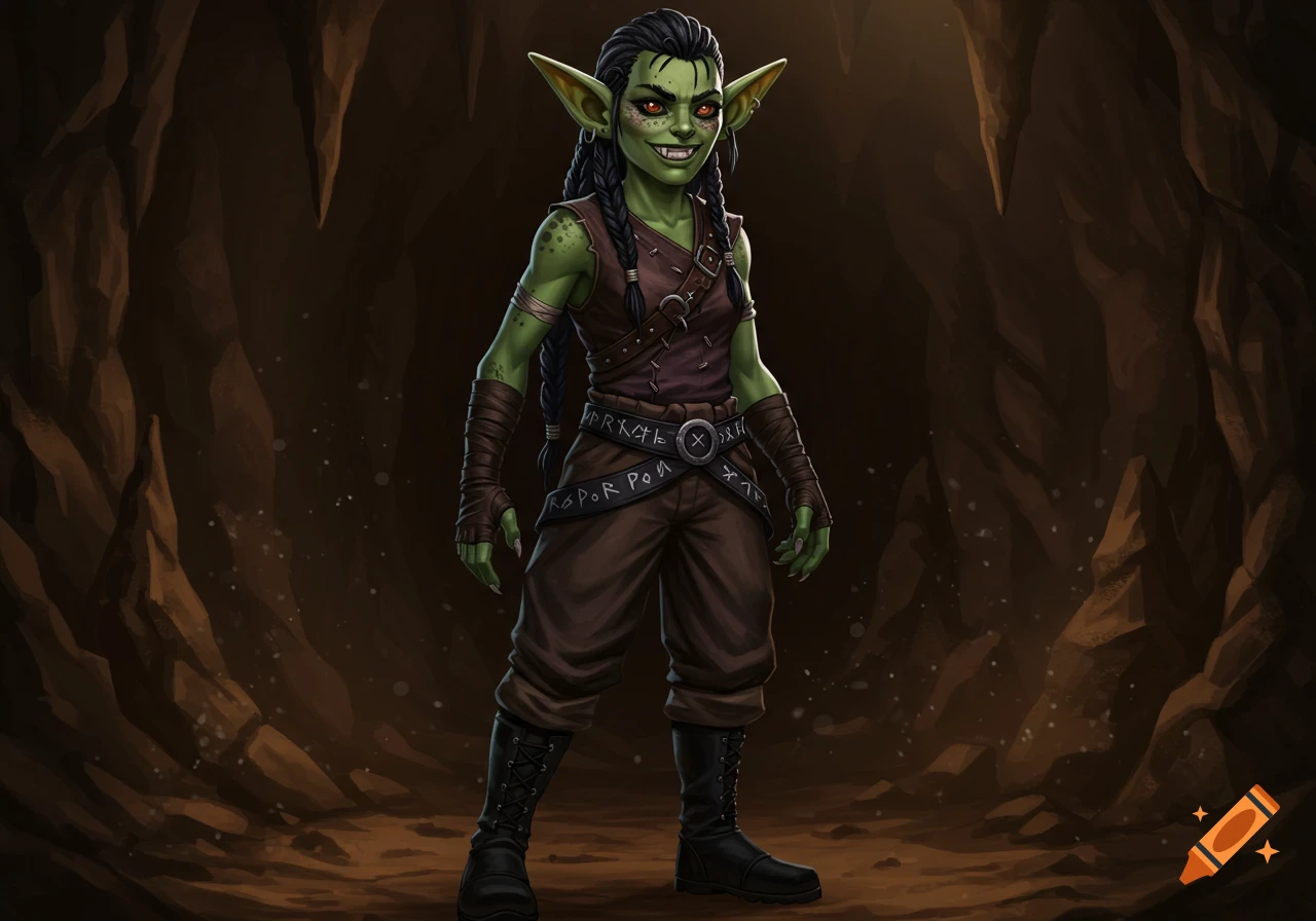 A full-body fantasy illustration of a smiling goblin with green skin, red eyes, and black braids, wearing leather armor and boots, standing in a cavern.