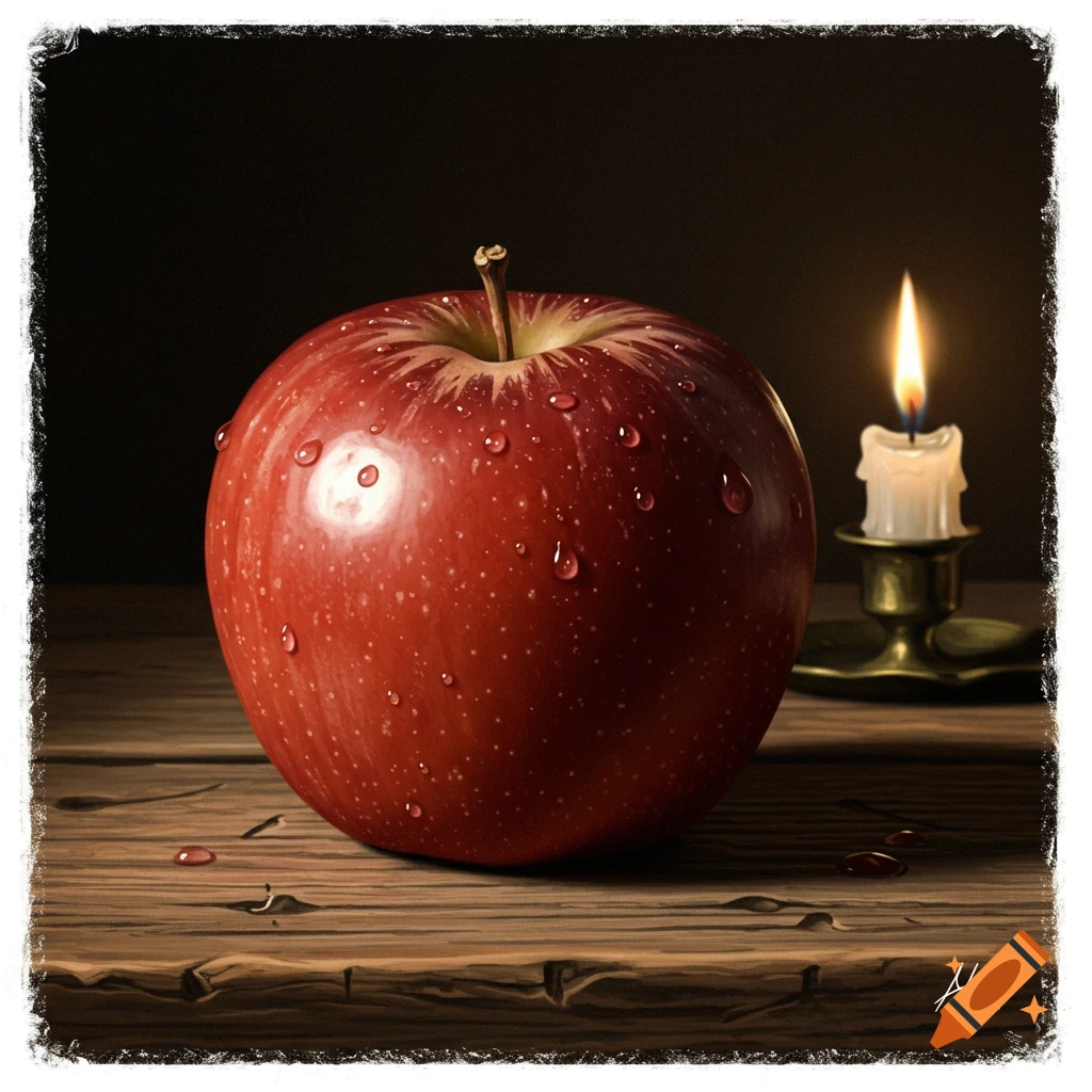A realistic still life painting of a red apple covered in water droplets on a dark wooden table, illuminated by a lit candle in a brass holder.