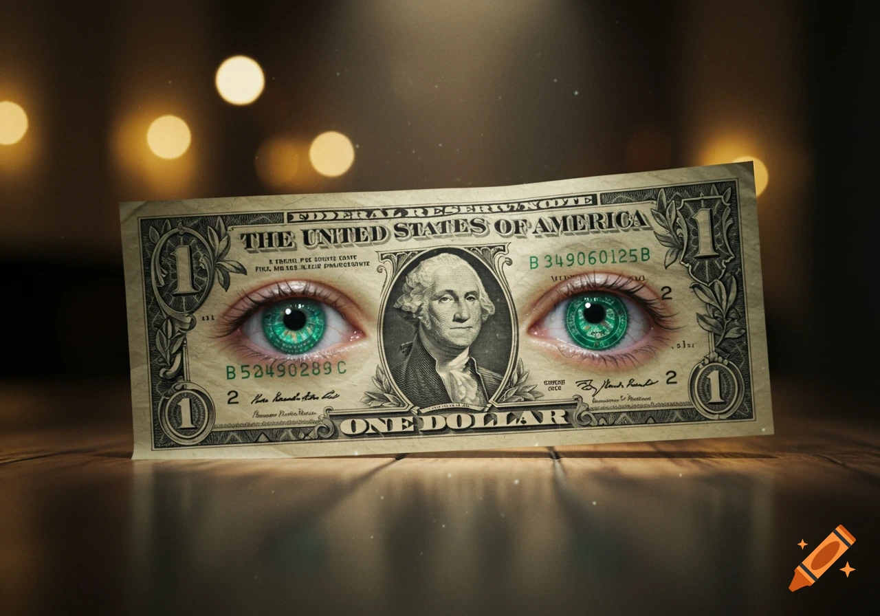 A one-dollar bill with vibrant green human eyes replacing parts of George Washington's portrait, on a wooden surface with a blurry bokeh background.