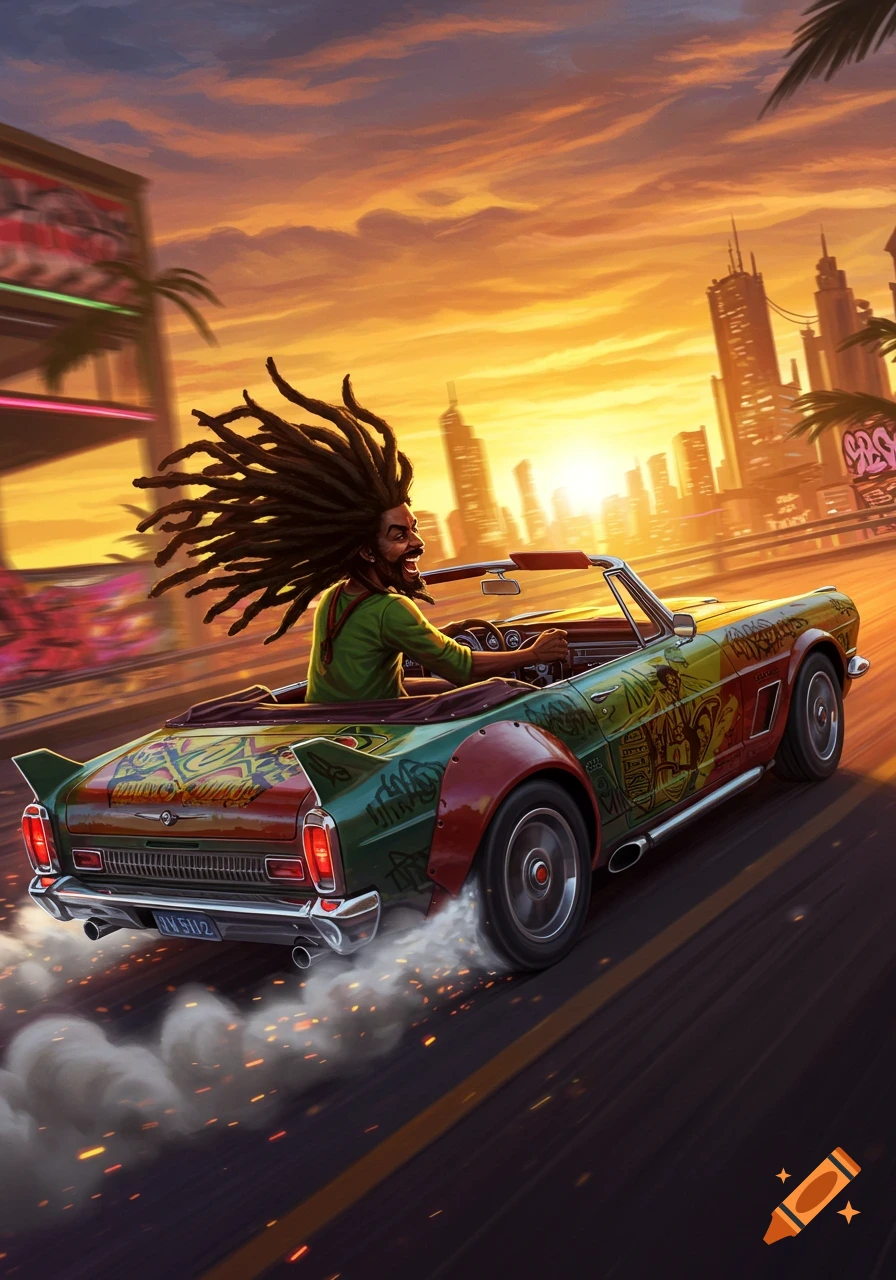 A man with dreadlocks drives a custom convertible car decorated in Rastafarian colors down a road at sunset, with a city skyline in the background.