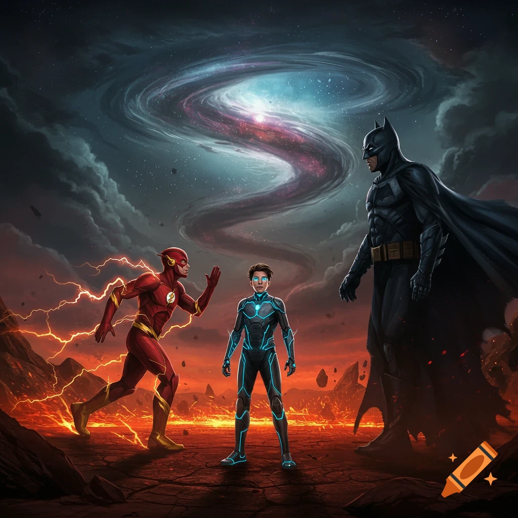 The Flash and Batman confront a glowing-suited child on a fiery landscape under a cosmic vortex in comic book art style.