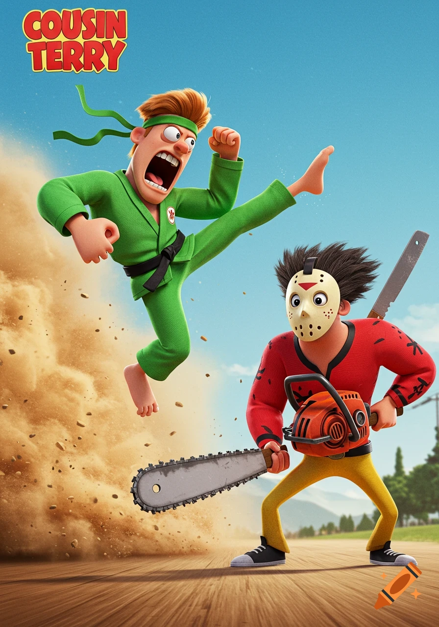 Cartoon movie poster for "Cousin Terry" with a man in a green karate gi drop-kicking a man in a hockey mask with a chainsaw.