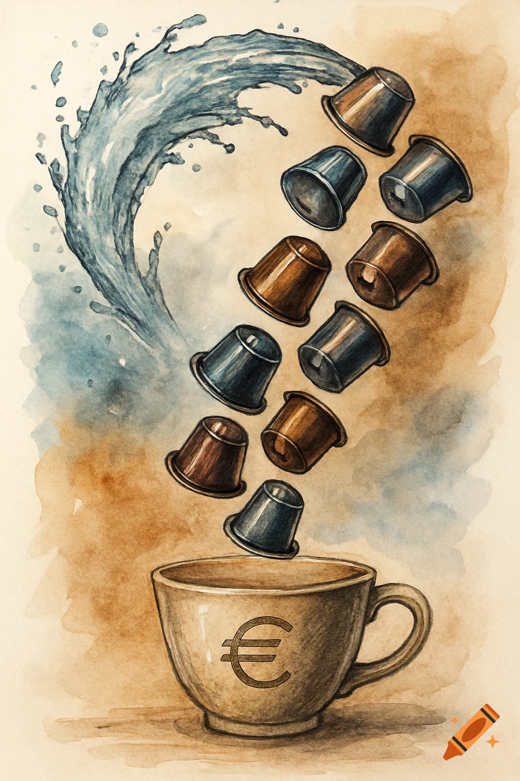 Watercolor illustration of coffee capsules falling into a cup with a Euro symbol, next to a splash of water.