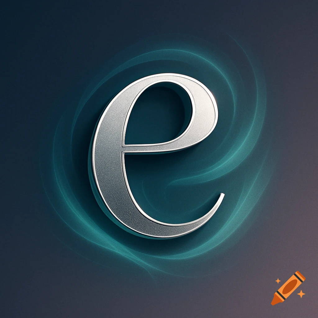 Stylized silver letter 'e' with a metallic texture, set against a dark background with a teal glowing, swirling aura.