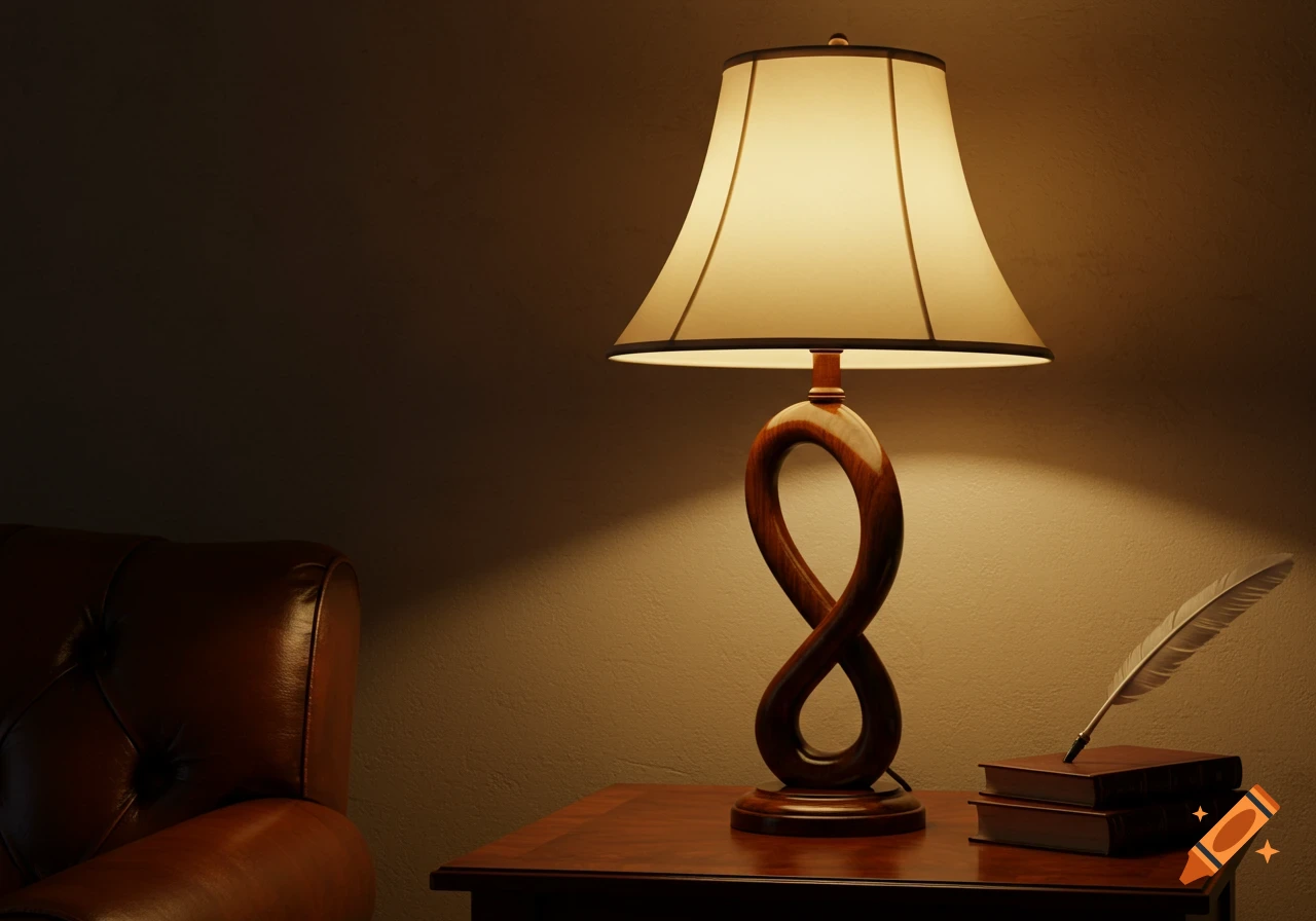 A lit table lamp with a wooden infinity-shaped base, an antique quill in stacked books, and a leather armchair in a dimly lit room.