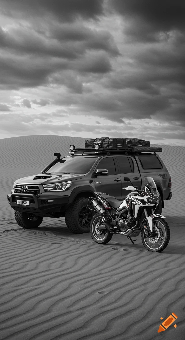 A black and white image of an equipped Toyota Hilux truck and Honda Africa Twin motorcycle parked in a vast desert under a cloudy sky.