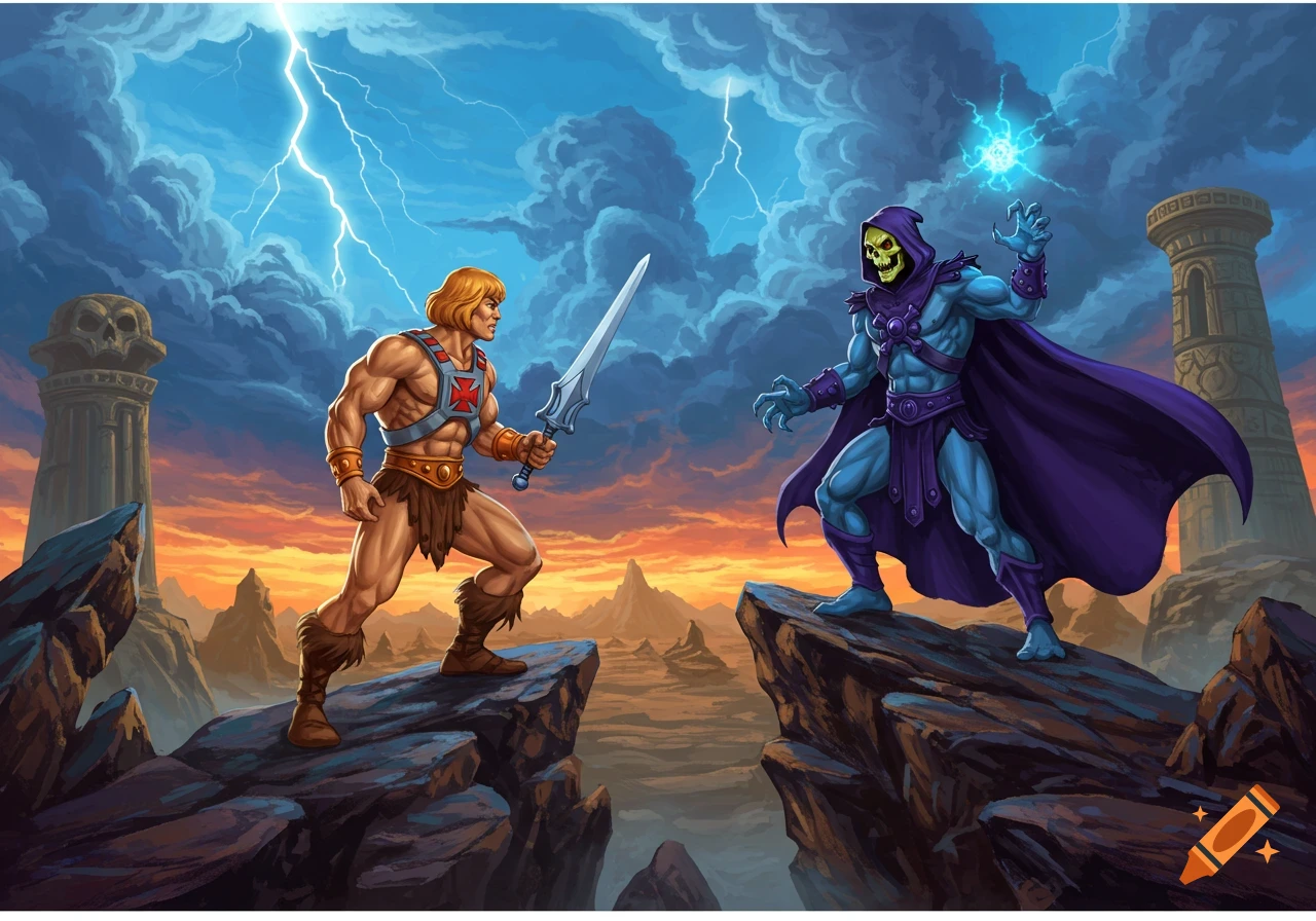 He-Man and Skeletor battle on rocky cliffs under a stormy, sunset sky in a vibrant fantasy art style.
