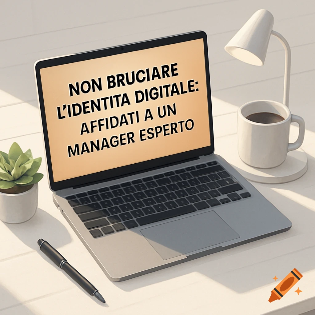 An open laptop on a white desk displays Italian text. A small plant, desk lamp, coffee mug, and pen are also on the desk.