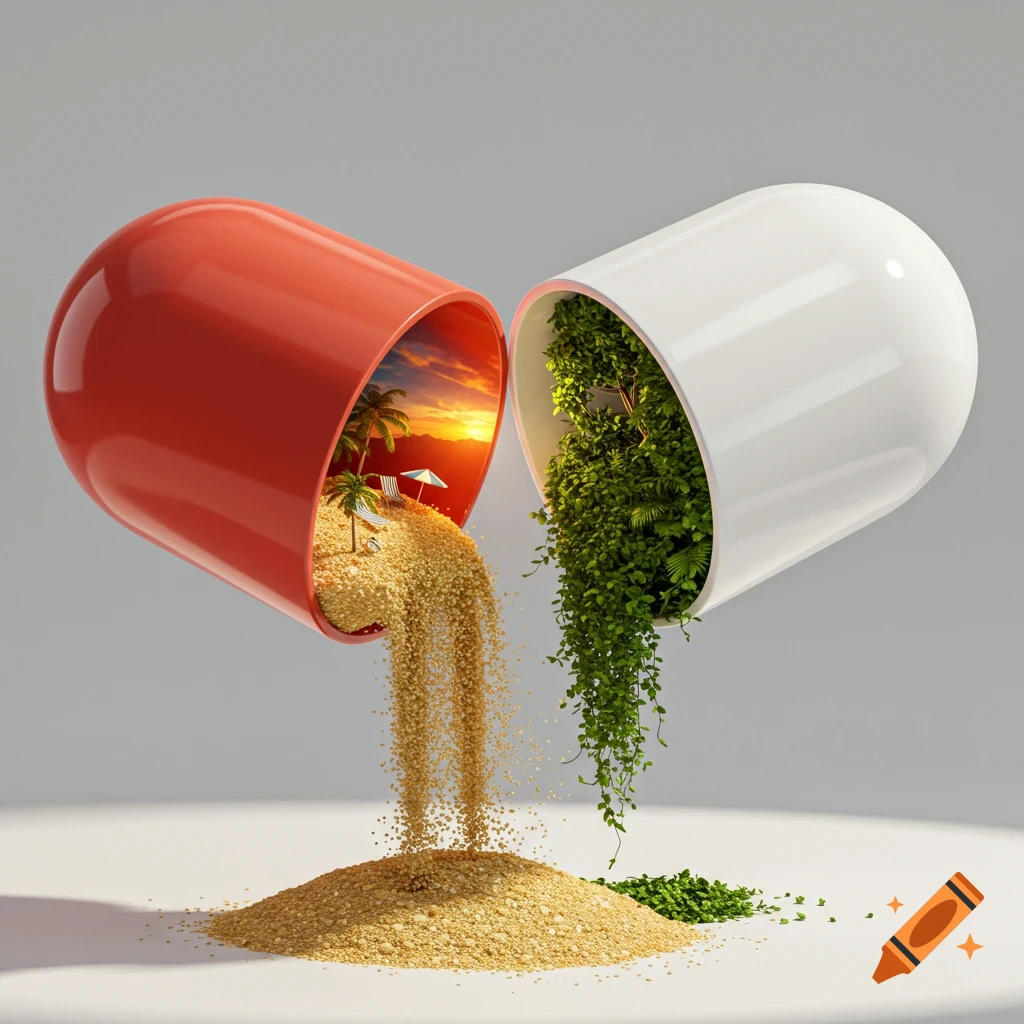 A split pill with a red half containing a miniature beach and sand pouring out, and a white half filled with a lush jungle and hanging vines.