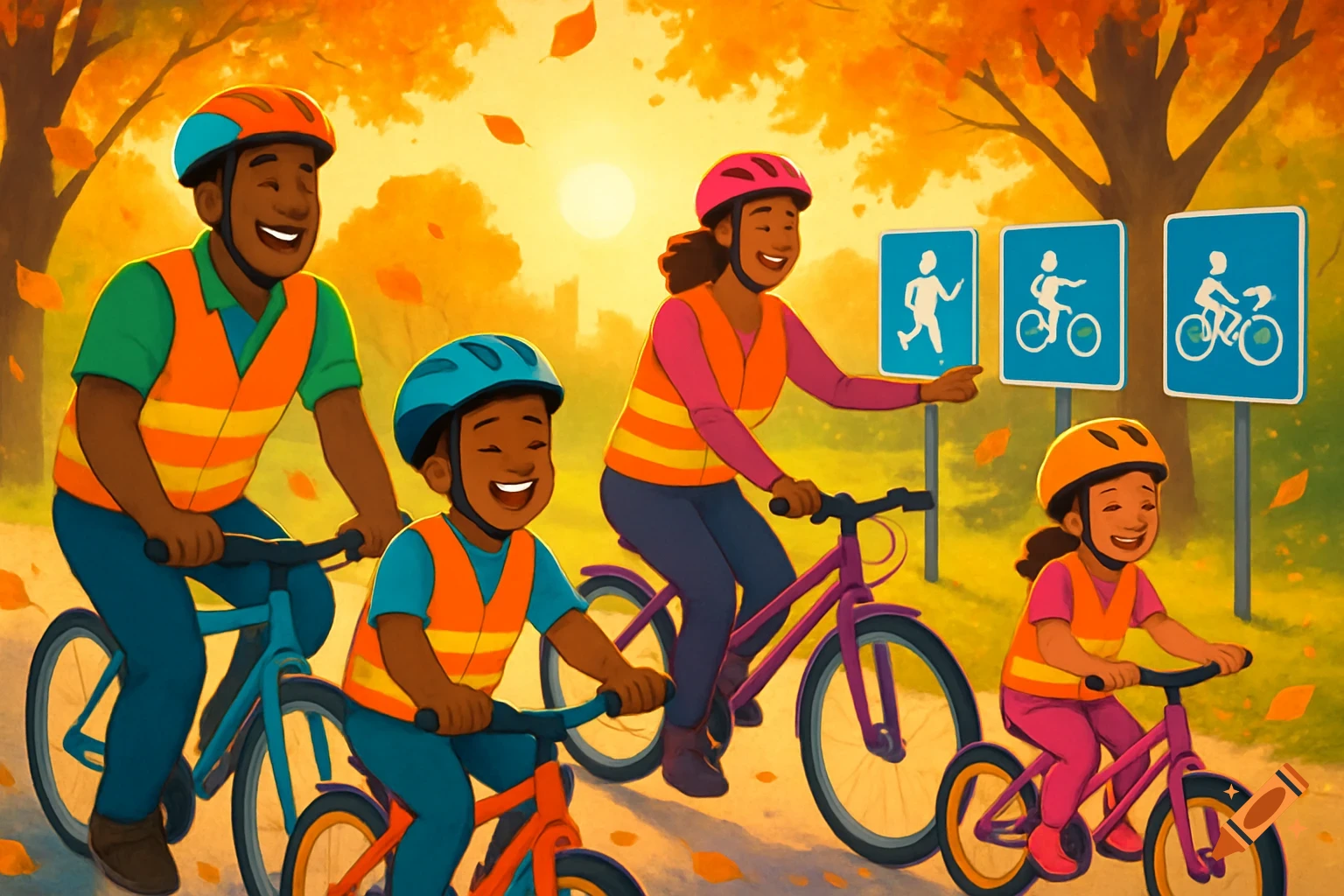 A cartoon family of four, including a mother, father, and two children, cycling on a sunny autumn path with orange trees.